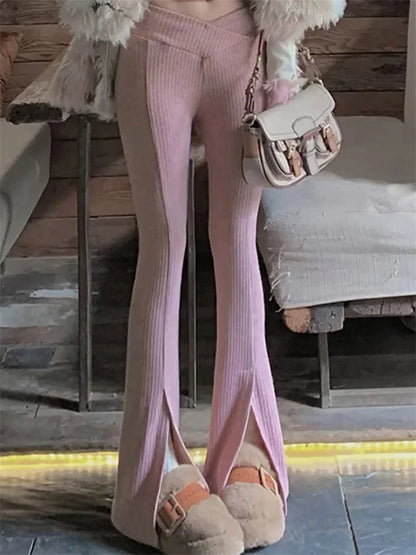 Knit Skinny Flared Trousers Split Out Trousers For Women Cross Low Waist White Casual Streetwear Flared Pants 2025 New
