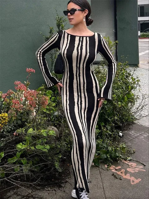 Knit Striped Wrap Dress For Women Fashion Contrast High Street Slim Fashion Long Dress Pullover Knitwear High Waist Dress