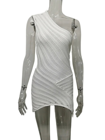 Knit Off-Shoulder Patchwork Hollow Out White Mini Dress