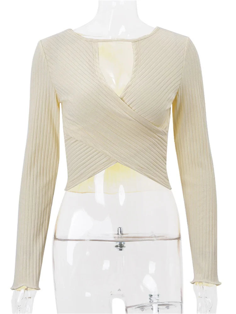 Knit Sweater Pullover Women V-Neck Ribbed Long Sleeve Patchwork Hollow Out Cropped Top Slim Elegant Solid Knitwear Top