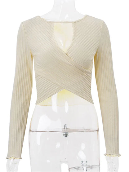 Knit Sweater Pullover Women V-Neck Ribbed Long Sleeve Patchwork Hollow Out Cropped Top Slim Elegant Solid Knitwear Top