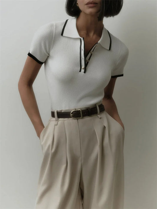 Suéter de punto para mujer, jersey de manga corta con retazos y solapa fina, elegante jersey de punto en contraste, jersey ajustado de canalé para mujer