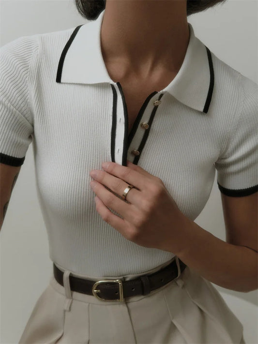 Suéter de punto para mujer, jersey de manga corta con retazos y solapa fina, elegante jersey de punto en contraste, jersey ajustado de canalé para mujer