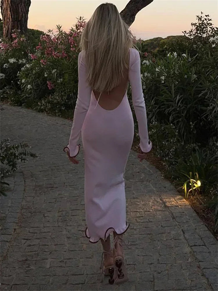 Suéter de punto con volantes, vestido largo para mujer, sin espalda, acanalado, manga larga, elegante vestido de fiesta, prendas de punto para mujer, vestido de otoño