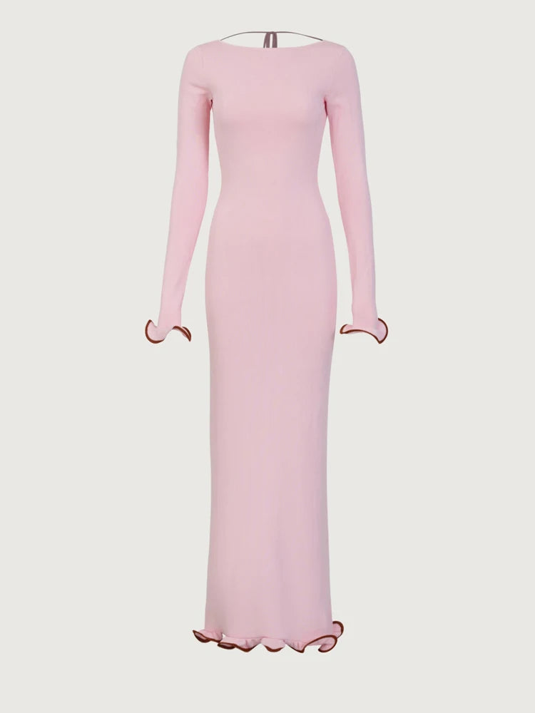 Suéter de punto con volantes, vestido largo para mujer, sin espalda, acanalado, manga larga, elegante vestido de fiesta, prendas de punto para mujer, vestido de otoño