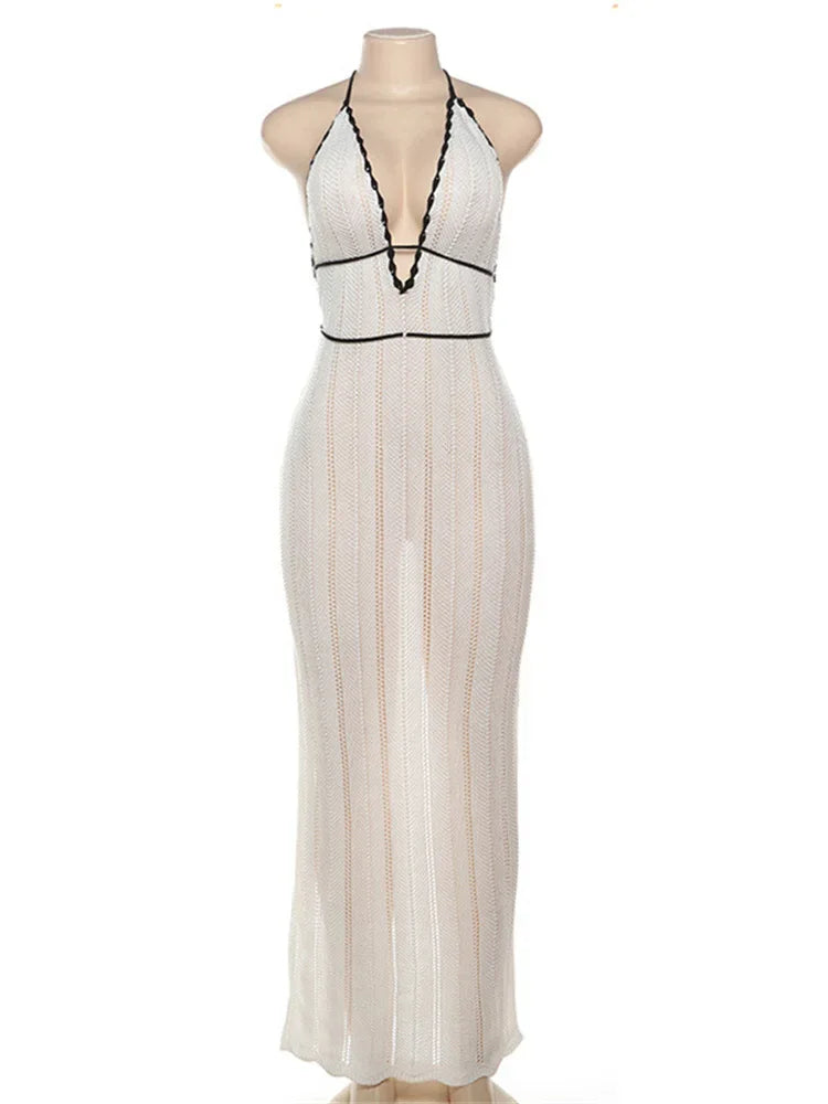 Vestido largo de punto con escote en V y espalda descubierta para mujer, ajustado, con cordones, a la moda, con parches en contraste, estilo vendaje, vestido largo para mujer