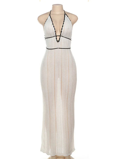 Vestido largo de punto con escote en V y espalda descubierta para mujer, ajustado, con cordones, a la moda, con parches en contraste, estilo vendaje, vestido largo para mujer
