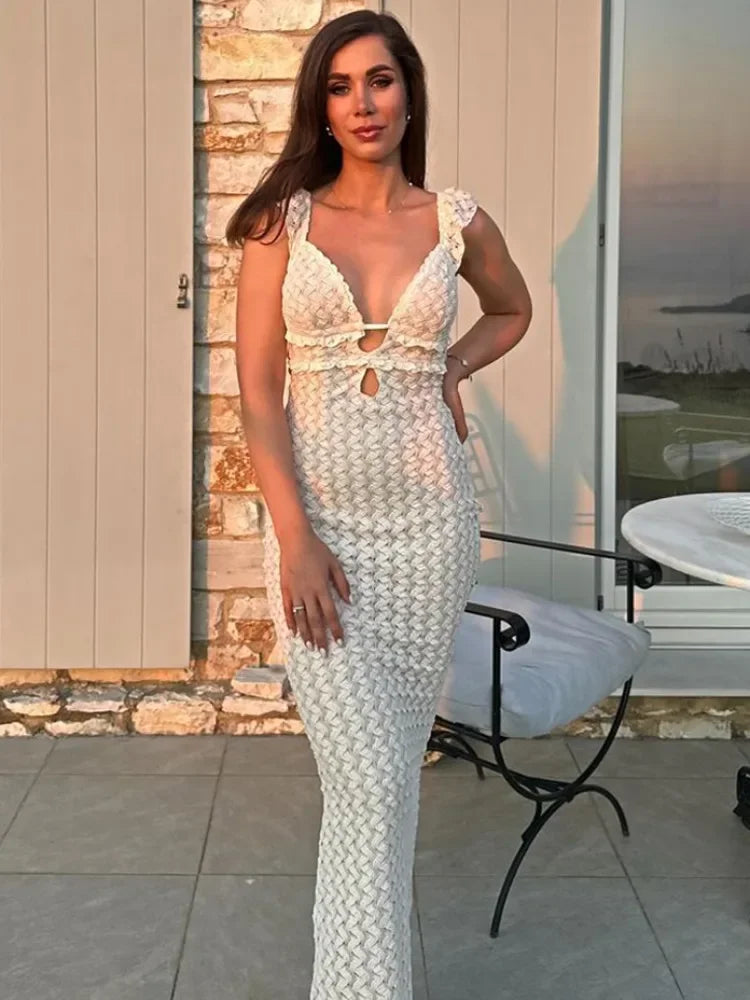 Knit V-Neck Fashion Maxi Dress Women’s Slim High Waist See-Through Patchwork Bandage Backless Dress Female Knitwear Dress