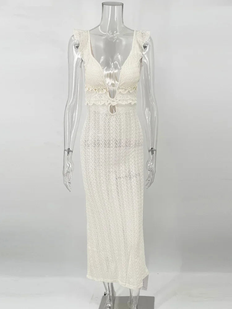 Knit V-Neck Fashion Maxi Dress Women’s Slim High Waist See-Through Patchwork Bandage Backless Dress Female Knitwear Dress