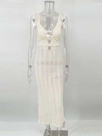 Knit V-Neck Fashion Maxi Dress Women’s Slim High Waist See-Through Patchwork Bandage Backless Dress Female Knitwear Dress