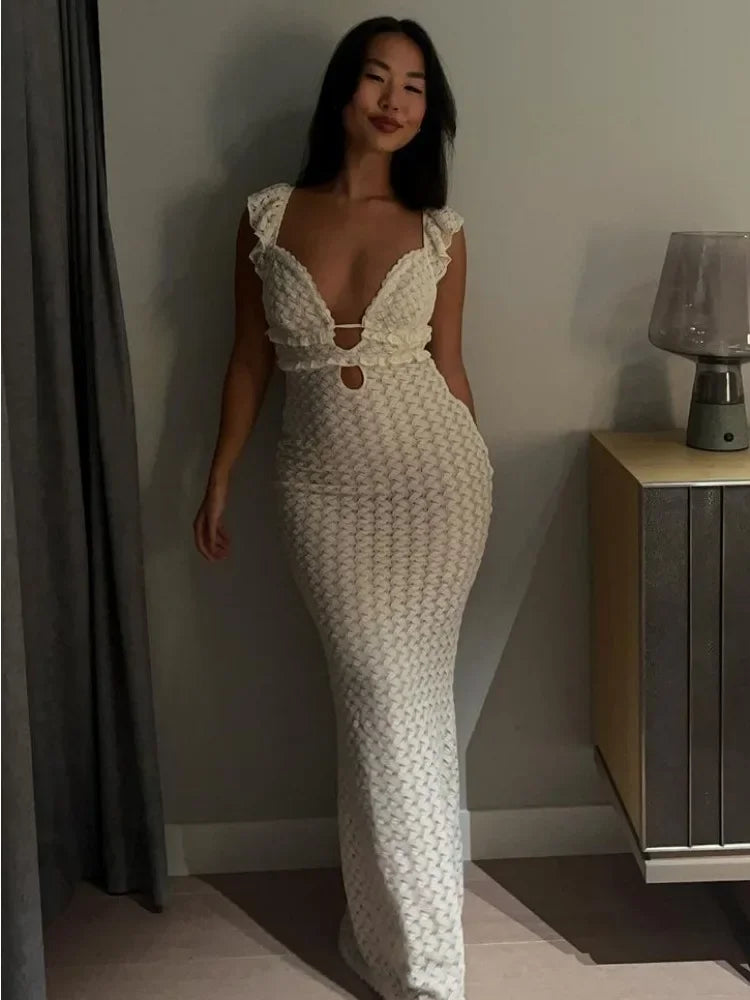 Knit V-Neck Fashion Maxi Dress Women’s Slim High Waist See-Through Patchwork Bandage Backless Dress Female Knitwear Dress