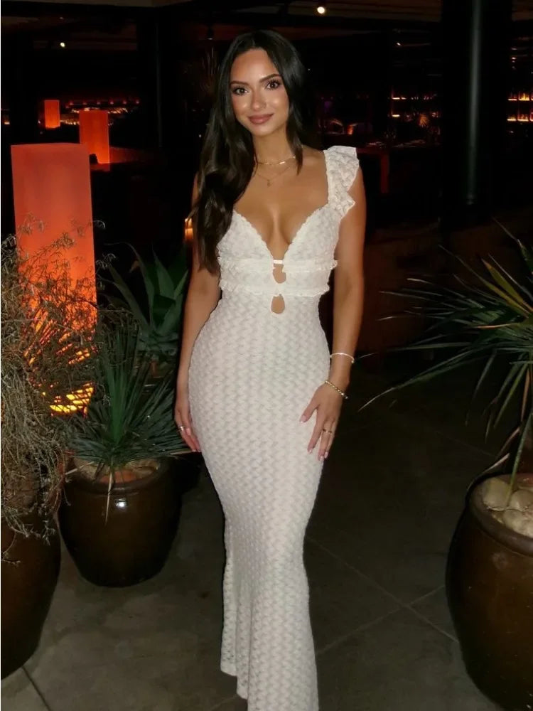 Knit V-Neck Fashion Maxi Dress Women’s Slim High Waist See-Through Patchwork Bandage Backless Dress Female Knitwear Dress