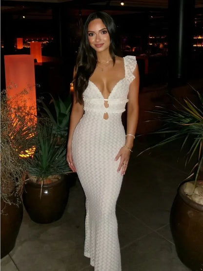 Knit V-Neck Fashion Maxi Dress Women’s Slim High Waist See-Through Patchwork Bandage Backless Dress Female Knitwear Dress