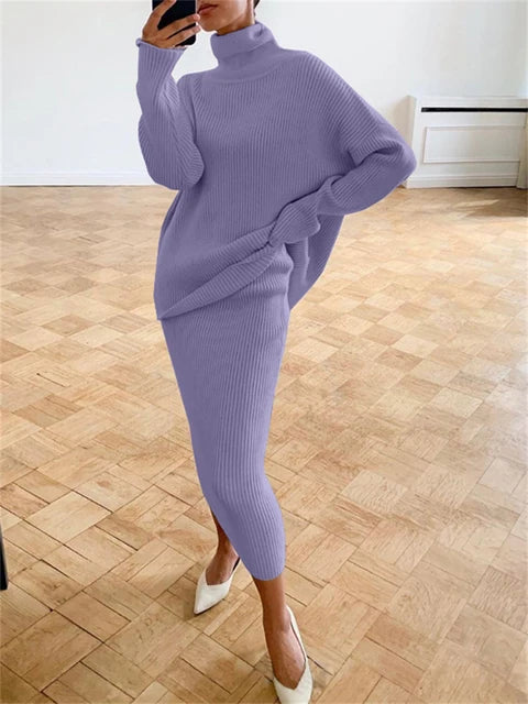 Knitted 2 Piece Outfit Set Casual Long Sleeve Sweater Top And Pencil Long Skirts Elegant Autumn Two Piece Sweater Sets