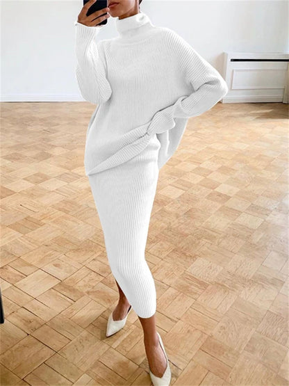 Knitted 2 Piece Outfit Set Casual Long Sleeve Sweater Top And Pencil Long Skirts Elegant Autumn Two Piece Sweater Sets