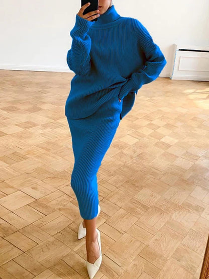 Knitted 2 Piece Outfit Set Casual Long Sleeve Sweater Top And Pencil Long Skirts Elegant Autumn Two Piece Sweater Sets