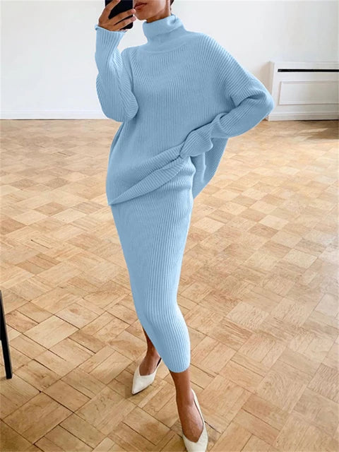 Knitted 2 Piece Outfit Set Casual Long Sleeve Sweater Top And Pencil Long Skirts Elegant Autumn Two Piece Sweater Sets
