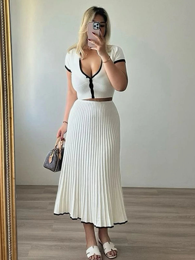 Knitted Fold Skirt Two Pieces Set Women Deep V Neck Short T-shirt Knitwear High Waist Skirt Patchwork Female Sets Summer