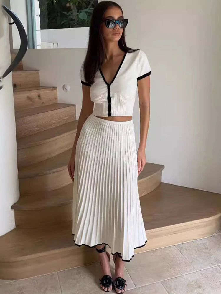 Knitted Fold Skirt Two Pieces Set Women Deep V Neck Short T-shirt Knitwear High Waist Skirt Patchwork Female Sets Summer