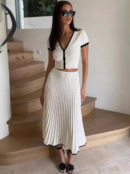 Knitted Fold Skirt Two Pieces Set Women Deep V Neck Short T-shirt Knitwear High Waist Skirt Patchwork Female Sets Summer
