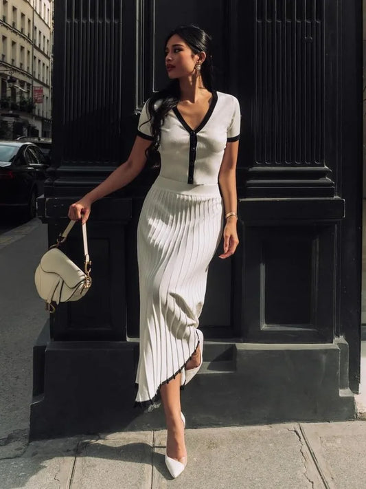 Knitted Fold Skirt Two Pieces Set Women Deep V Neck Short T-shirt Knitwear High Waist Skirt Patchwork Female Sets Summer