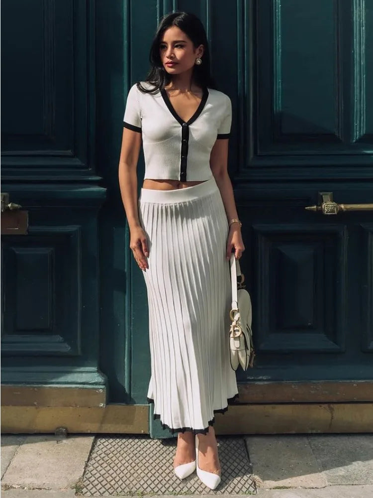 Conjunto de dos piezas de falda de punto con pliegues para mujer, camiseta corta con cuello en V profundo, falda de cintura alta de punto con retazos, conjuntos femeninos de verano