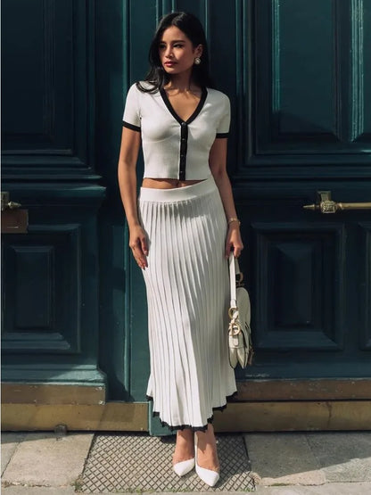 Conjunto de dos piezas de falda de punto con pliegues para mujer, camiseta corta con cuello en V profundo, falda de cintura alta de punto con retazos, conjuntos femeninos de verano