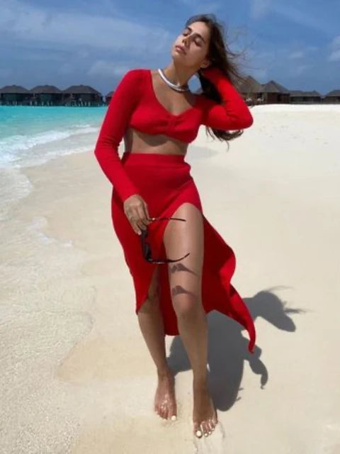 Knitted Two Piece Dress Women Outfits Long Sleeve Crop Top and Midi Skirt High Split Out Dress Set Female Bodycon White