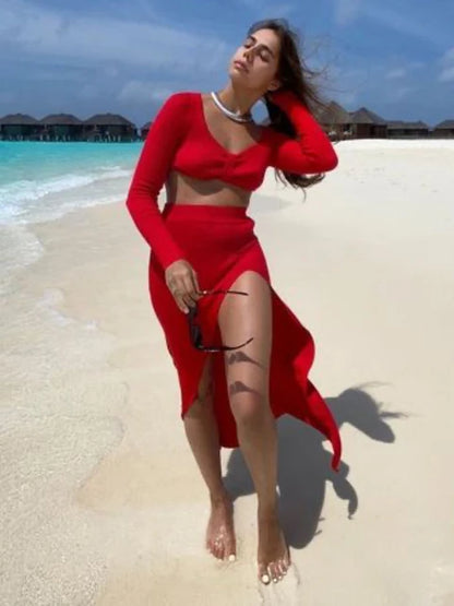 Knitted Two Piece Dress Women Outfits Long Sleeve Crop Top and Midi Skirt High Split Out Dress Set Female Bodycon White