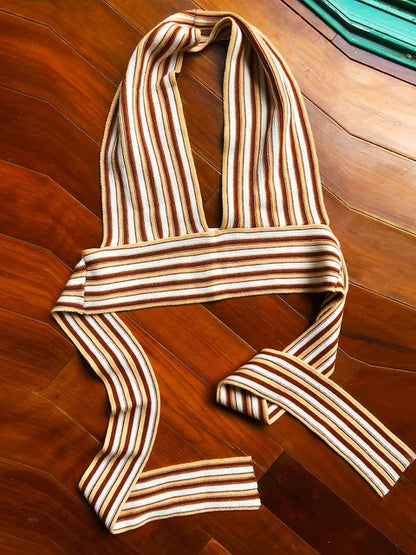 Knitted V Neck Bandage Halter Tops For Women Backless Sexy Tanks Tops Y2K Cropped Summer Fashion Camisole Party Clubwear