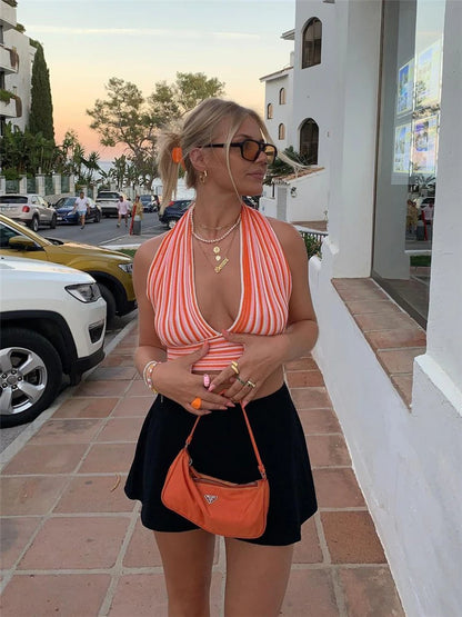 Knitted V Neck Bandage Halter Tops For Women Backless Sexy Tanks Tops Y2K Cropped Summer Fashion Camisole Party Clubwear
