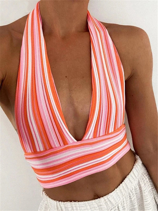 Knitted V Neck Bandage Halter Tops For Women Backless Sexy Tanks Tops Y2K Cropped Summer Fashion Camisole Party Clubwear