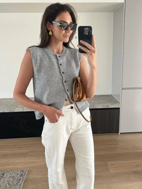 Knitted Vests Top For Women Casual Single-Breasted Knitwear Cardigan Tank Sweater Female Solid Sleeveless 2025 Fashion