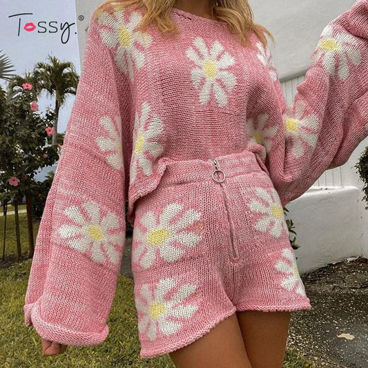 Knitted Women’s 2 Piece Sets Outfits Casual Pink Floral Sweet Oversized Sweater Suit With Shorts For Women 2025 Tracksuit