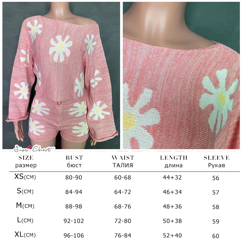 Knitted Women’s 2 Piece Sets Outfits Casual Pink Floral Sweet Oversized Sweater Suit With Shorts For Women 2025 Tracksuit