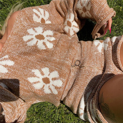 Knitted Women’s 2 Piece Sets Outfits Casual Pink Floral Sweet Oversized Sweater Suit With Shorts For Women 2025 Tracksuit
