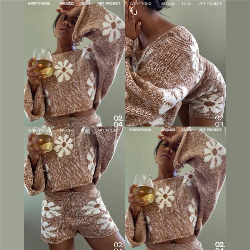 Knitted Women’s 2 Piece Sets Outfits Casual Pink Floral Sweet Oversized Sweater Suit With Shorts For Women 2025 Tracksuit