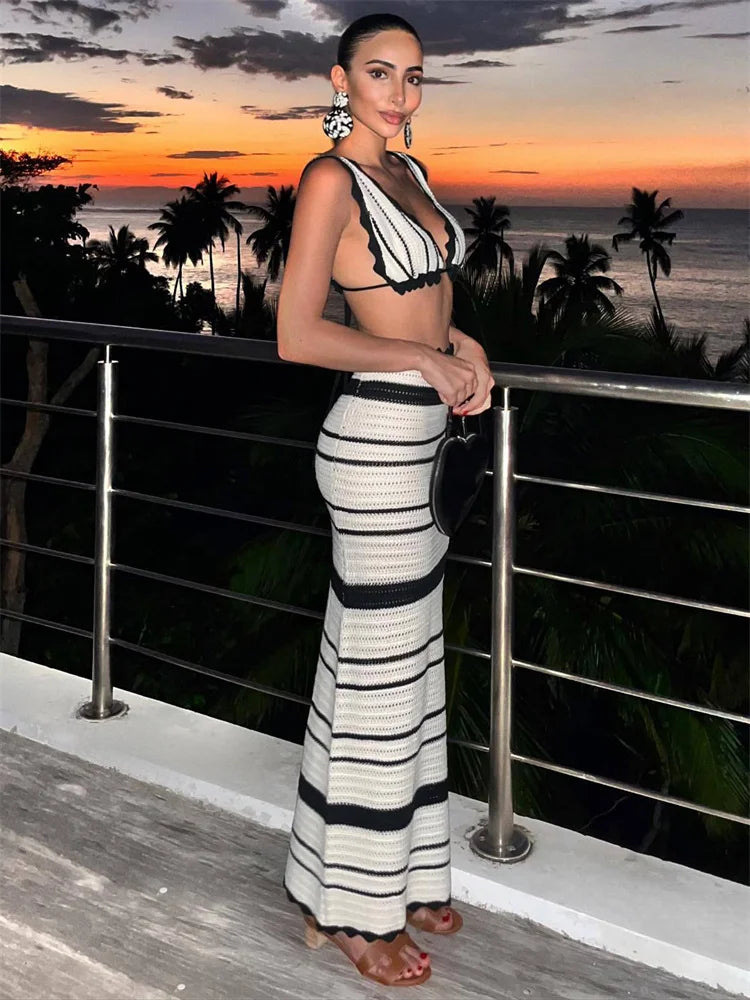 Conjunto de 2 piezas de punto con falda larga a rayas, corpiño femenino, vendaje y falda larga de cintura alta, conjuntos de moda de verano para mujer