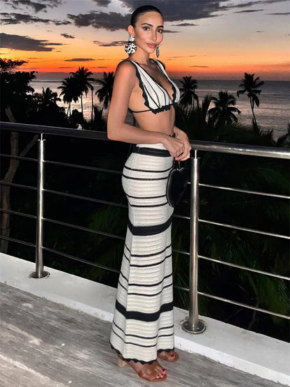 Conjunto de 2 piezas de punto con falda larga a rayas, corpiño femenino, vendaje y falda larga de cintura alta, conjuntos de moda de verano para mujer
