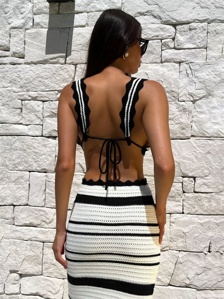 Conjunto de 2 piezas de punto con falda larga a rayas, corpiño femenino, vendaje y falda larga de cintura alta, conjuntos de moda de verano para mujer