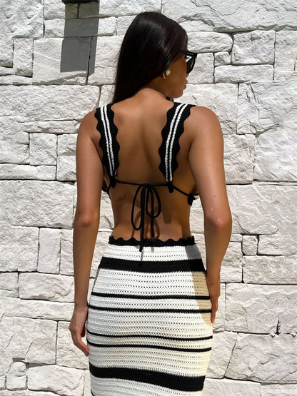 Conjunto de 2 piezas de punto con falda larga a rayas, corpiño femenino, vendaje y falda larga de cintura alta, conjuntos de moda de verano para mujer