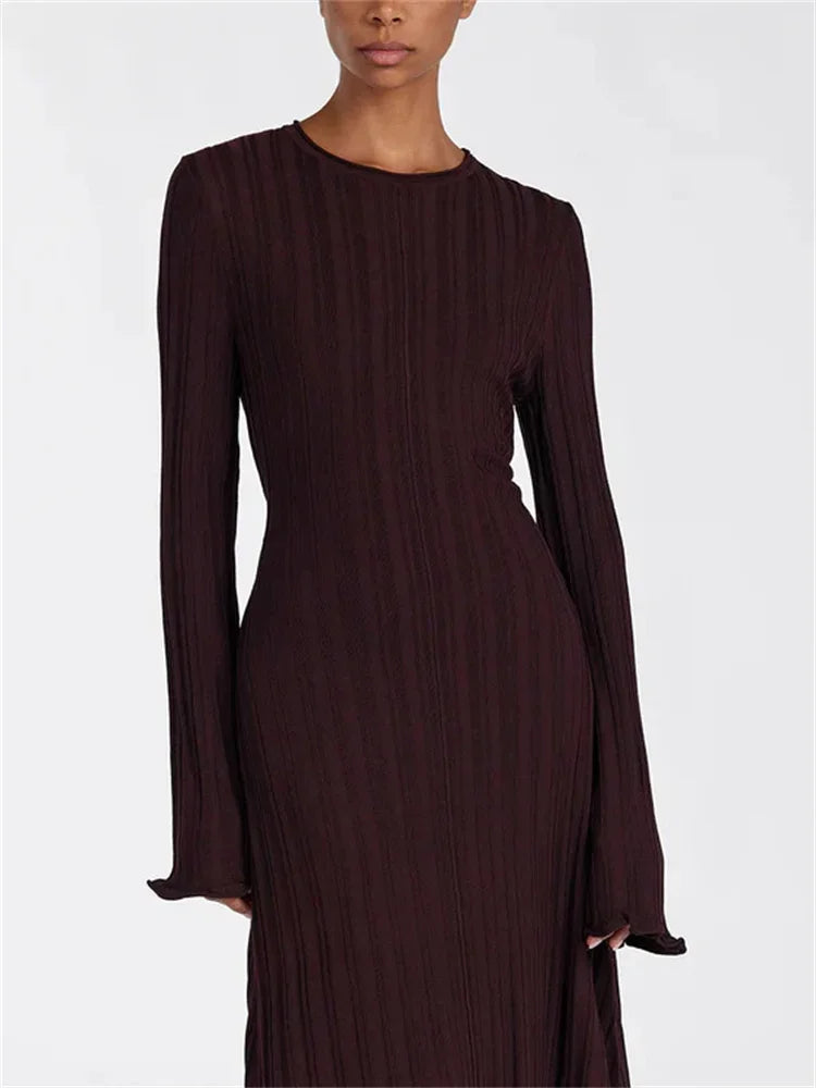 Vestido largo holgado de punto para mujer, de moda, con cordones, cintura alta, acanalado, manga larga, para fiesta, de punto, estilo vendaje