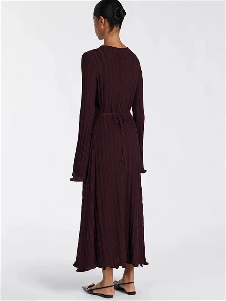 Vestido largo holgado de punto para mujer, de moda, con cordones, cintura alta, acanalado, manga larga, para fiesta, de punto, estilo vendaje