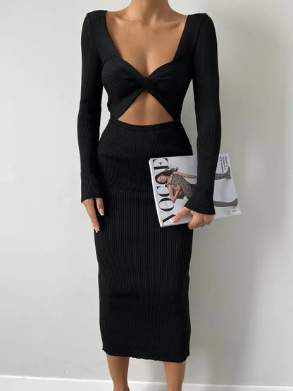 Vestido largo de punto acanalado con aberturas – Vestido largo de patchwork con mangas largas y giro para mujer
