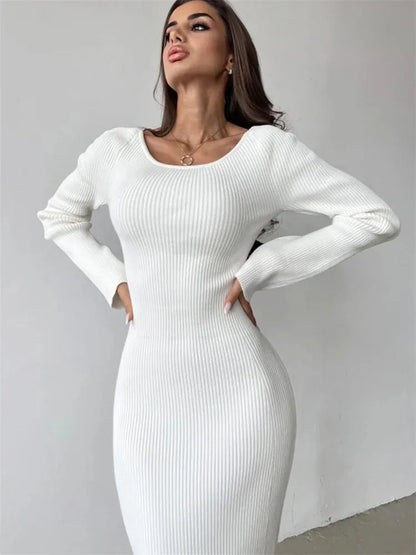 Vestido largo de punto acanalado con aberturas – Vestido largo de patchwork con mangas largas y giro para mujer