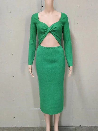 Vestido largo de punto acanalado con aberturas – Vestido largo de patchwork con mangas largas y giro para mujer