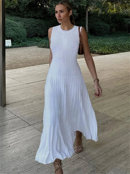 Knitwear White Casual Long Dress For Women Sleeveless High Waist Slim Strapless Loose Dress Solid Basic Ladies Maxi Dress