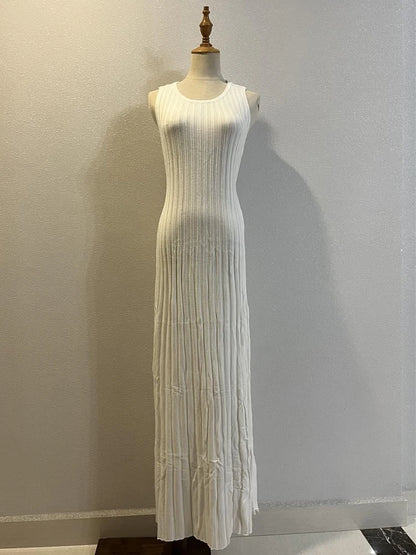 Knitwear White Casual Long Dress For Women Sleeveless High Waist Slim Strapless Loose Dress Solid Basic Ladies Maxi Dress