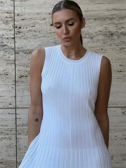 Knitwear White Casual Long Dress For Women Sleeveless High Waist Slim Strapless Loose Dress Solid Basic Ladies Maxi Dress