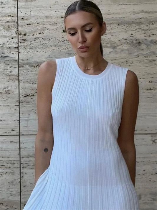Knitwear White Casual Long Dress For Women Sleeveless High Waist Slim Strapless Loose Dress Solid Basic Ladies Maxi Dress